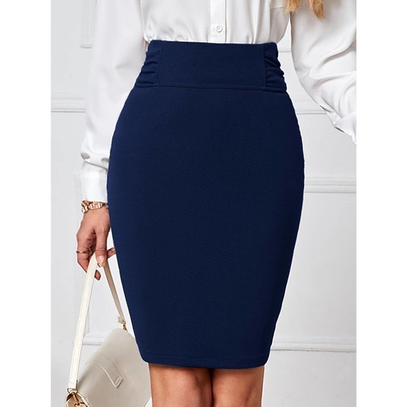 Ruched Zip Slit Back pencil mini Skirt navy blue - Picture 1 of 9